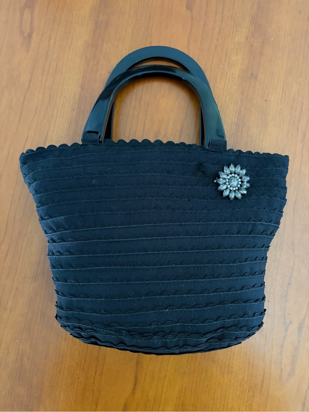 Anthropologie Buji Baja Black Woven Handbag with Crystal Brooch